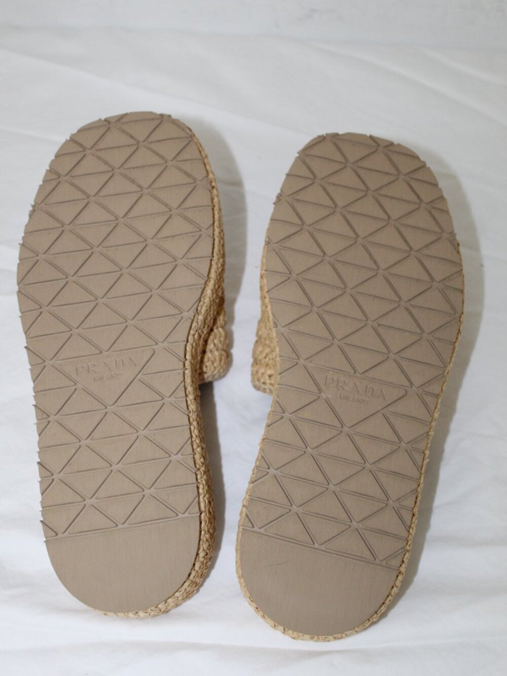 NWOB PRADA Raffia Single Band Platform Triangle Logo Sandals Slides Natural 37 - Picture 9 of 11
